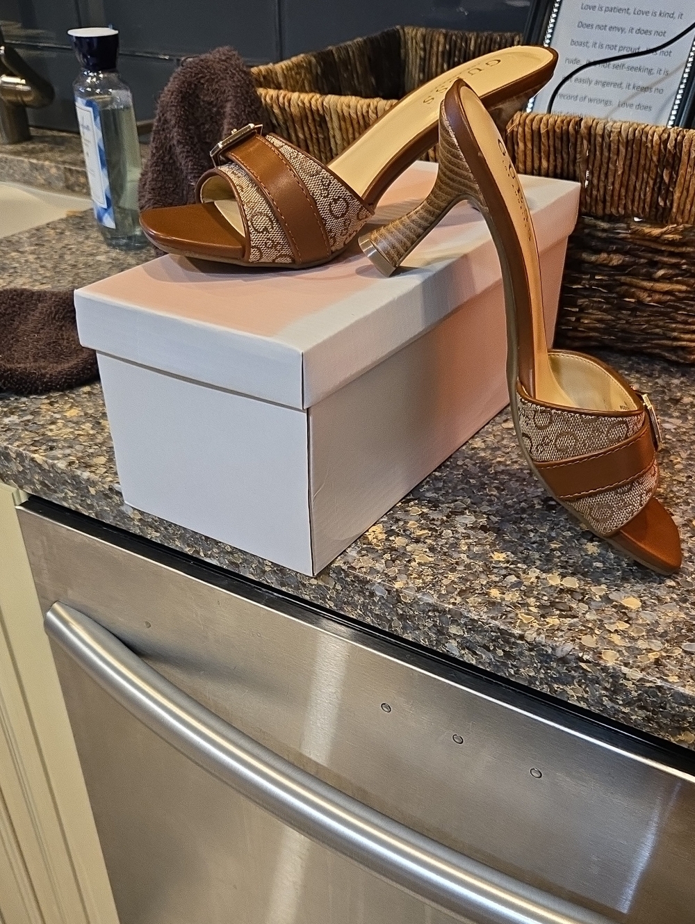 Guess Brown Logo Pattern Slide Heel Sandals